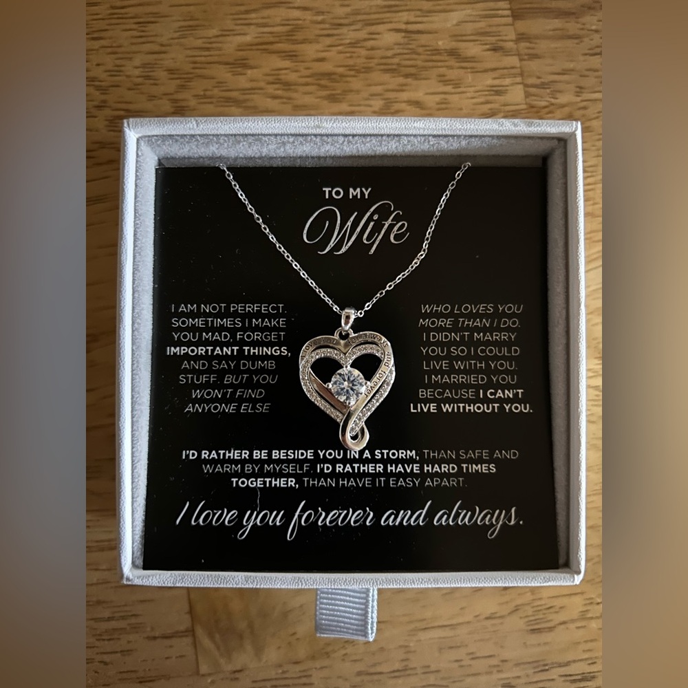 Silver Tone Heart Pendant Necklace for Wife with Clear Crystal Accent